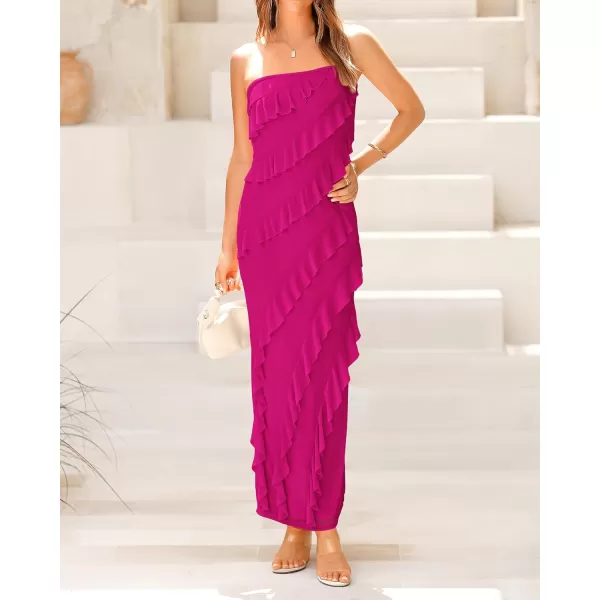 imageBTFBM Women Summer Elegant Strapless Midi Ruched Bodycon Dress Solid Color Stretch Mesh Slim Party Cocktail DressesSolid Rose Red