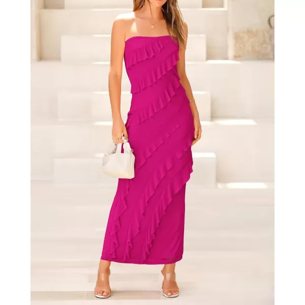 imageBTFBM Women Summer Elegant Strapless Midi Ruched Bodycon Dress Solid Color Stretch Mesh Slim Party Cocktail DressesSolid Rose Red