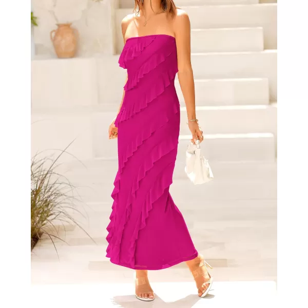 imageBTFBM Women Summer Elegant Strapless Midi Ruched Bodycon Dress Solid Color Stretch Mesh Slim Party Cocktail DressesSolid Rose Red