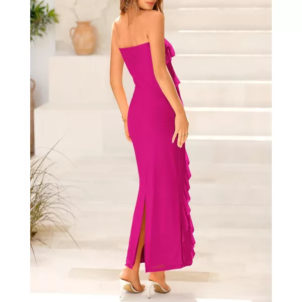 imageBTFBM Women Summer Elegant Strapless Midi Ruched Bodycon Dress Solid Color Stretch Mesh Slim Party Cocktail DressesSolid Rose Red