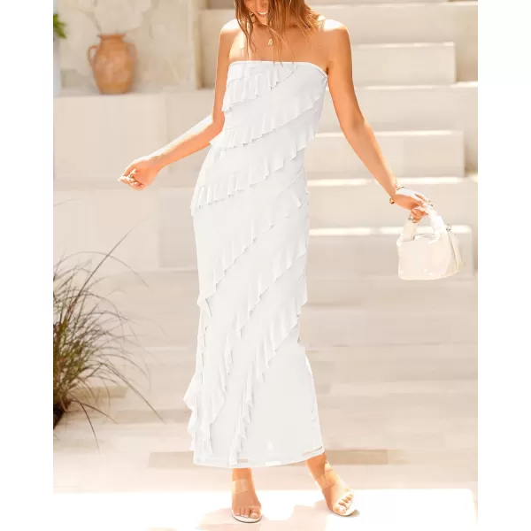 imageBTFBM Women Summer Elegant Strapless Midi Ruched Bodycon Dress Solid Color Stretch Mesh Slim Party Cocktail DressesSolid White