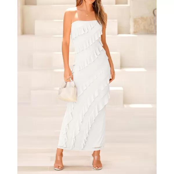 imageBTFBM Women Summer Elegant Strapless Midi Ruched Bodycon Dress Solid Color Stretch Mesh Slim Party Cocktail DressesSolid White