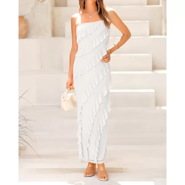 imageBTFBM Women Summer Elegant Strapless Midi Ruched Bodycon Dress Solid Color Stretch Mesh Slim Party Cocktail DressesSolid White