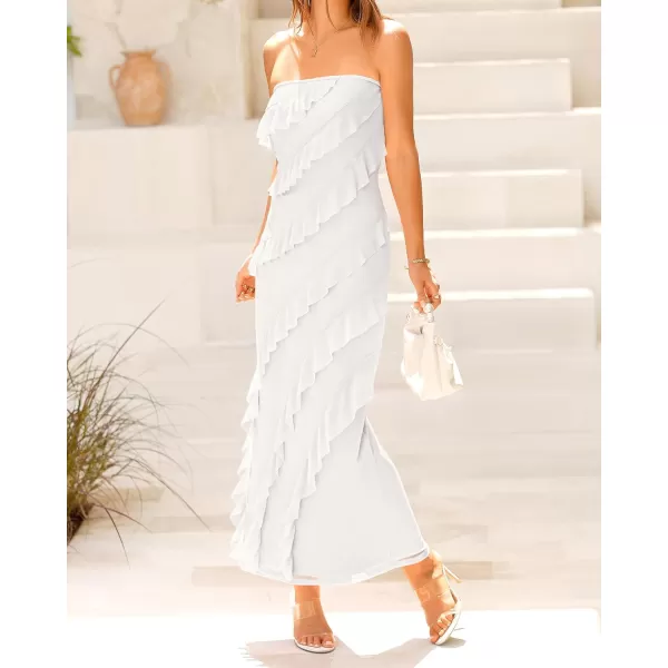 imageBTFBM Women Summer Elegant Strapless Midi Ruched Bodycon Dress Solid Color Stretch Mesh Slim Party Cocktail DressesSolid White