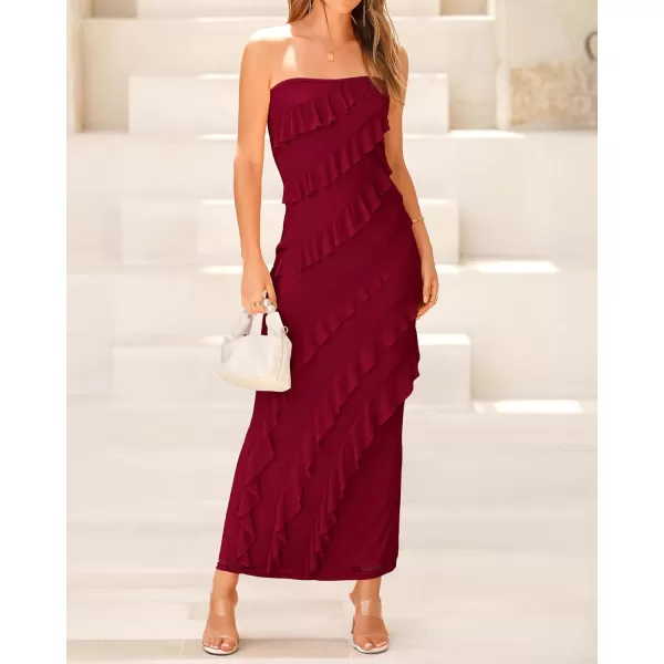 imageBTFBM Women Summer Elegant Strapless Midi Ruched Bodycon Dress Solid Color Stretch Mesh Slim Party Cocktail DressesSolid Wine Red