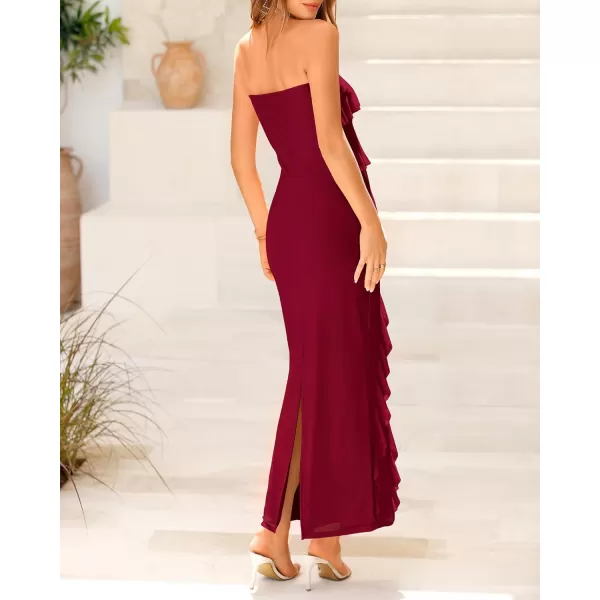 imageBTFBM Women Summer Elegant Strapless Midi Ruched Bodycon Dress Solid Color Stretch Mesh Slim Party Cocktail DressesSolid Wine Red