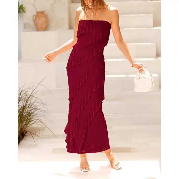 imageBTFBM Women Summer Elegant Strapless Midi Ruched Bodycon Dress Solid Color Stretch Mesh Slim Party Cocktail DressesSolid Wine Red