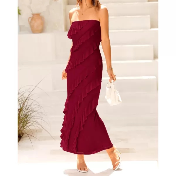 imageBTFBM Women Summer Elegant Strapless Midi Ruched Bodycon Dress Solid Color Stretch Mesh Slim Party Cocktail DressesSolid Wine Red