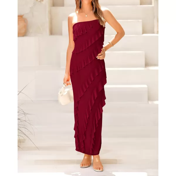 imageBTFBM Women Summer Elegant Strapless Midi Ruched Bodycon Dress Solid Color Stretch Mesh Slim Party Cocktail DressesSolid Wine Red