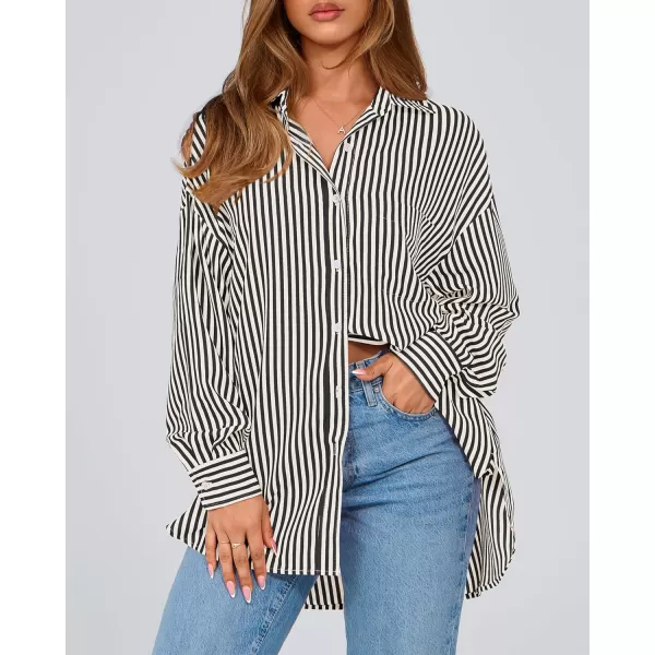 imageBTFBM Womens Button Down Shirts 2024 Fall Outfits Striped Collar Long Sleeve Casual Office Work Blouses Tops with PocketBlack