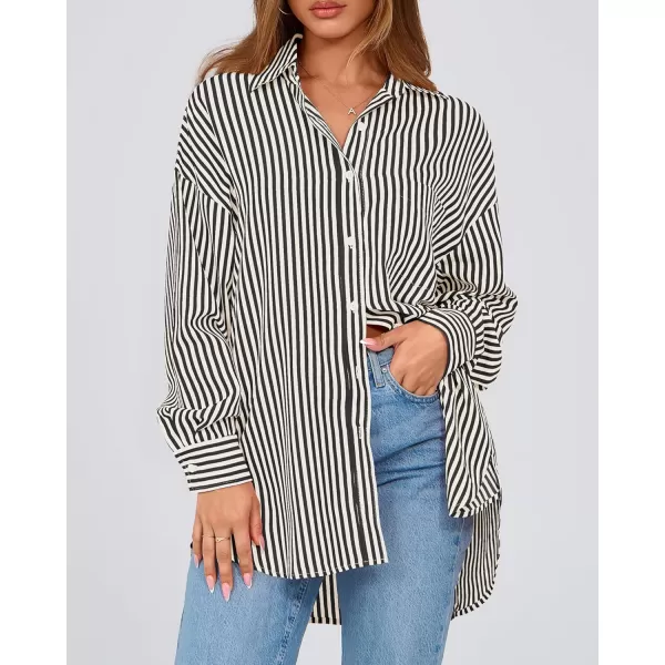 imageBTFBM Womens Button Down Shirts 2024 Fall Outfits Striped Collar Long Sleeve Casual Office Work Blouses Tops with PocketBlack