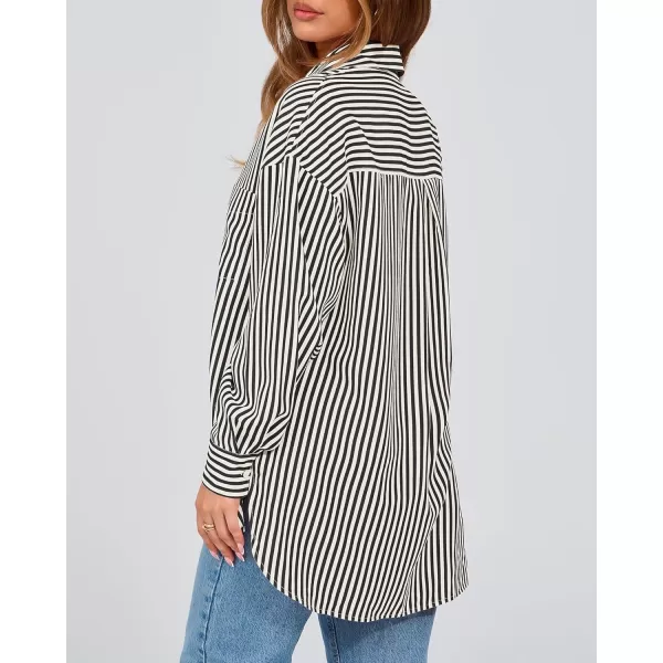 imageBTFBM Womens Button Down Shirts 2024 Fall Outfits Striped Collar Long Sleeve Casual Office Work Blouses Tops with PocketBlack