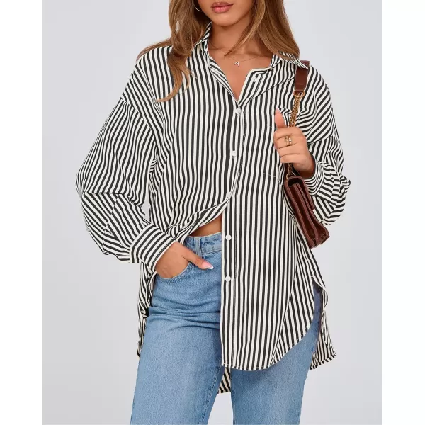 imageBTFBM Womens Button Down Shirts 2024 Fall Outfits Striped Collar Long Sleeve Casual Office Work Blouses Tops with PocketBlack