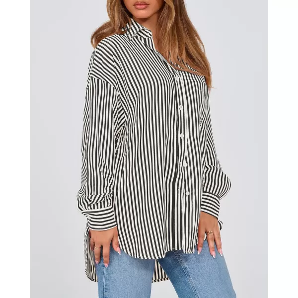 imageBTFBM Womens Button Down Shirts 2024 Fall Outfits Striped Collar Long Sleeve Casual Office Work Blouses Tops with PocketBlack
