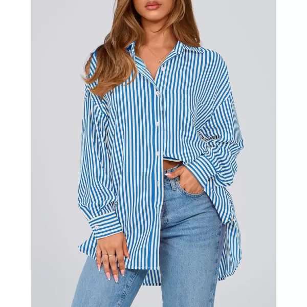 imageBTFBM Womens Button Down Shirts 2024 Fall Outfits Striped Collar Long Sleeve Casual Office Work Blouses Tops with PocketBlue