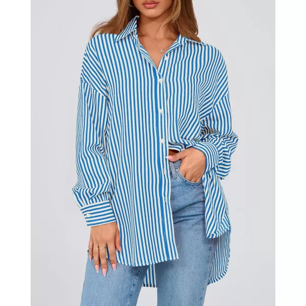 imageBTFBM Womens Button Down Shirts 2024 Fall Outfits Striped Collar Long Sleeve Casual Office Work Blouses Tops with PocketBlue