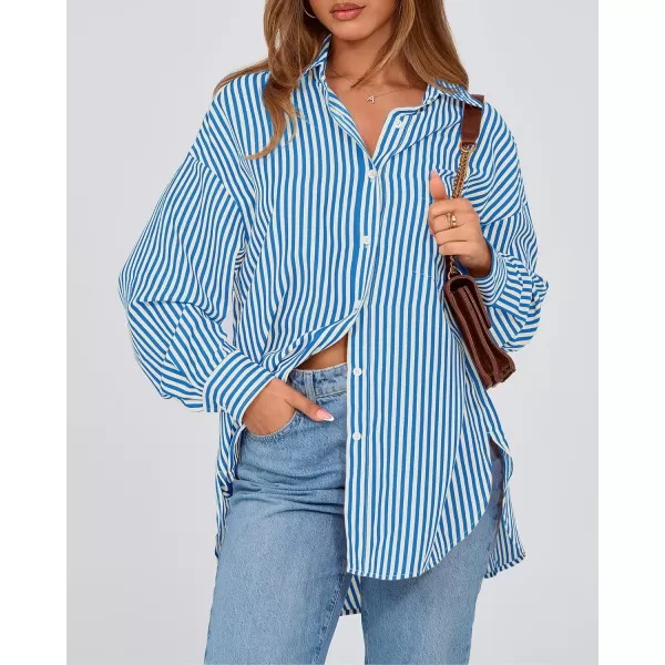 imageBTFBM Womens Button Down Shirts 2024 Fall Outfits Striped Collar Long Sleeve Casual Office Work Blouses Tops with PocketBlue