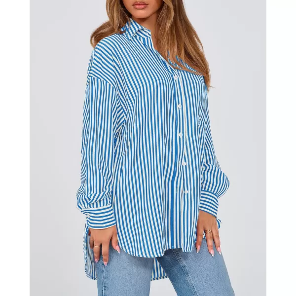 imageBTFBM Womens Button Down Shirts 2024 Fall Outfits Striped Collar Long Sleeve Casual Office Work Blouses Tops with PocketBlue