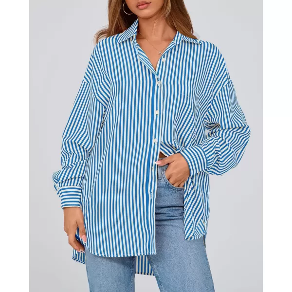 imageBTFBM Womens Button Down Shirts 2024 Fall Outfits Striped Collar Long Sleeve Casual Office Work Blouses Tops with PocketBlue