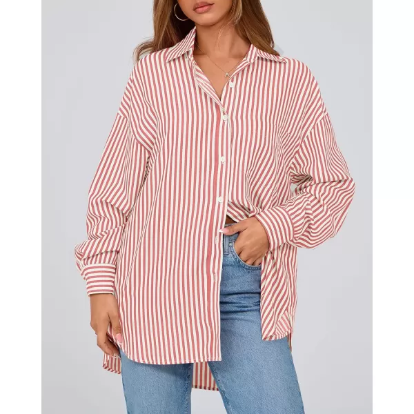 imageBTFBM Womens Button Down Shirts 2024 Fall Outfits Striped Collar Long Sleeve Casual Office Work Blouses Tops with PocketGrey Red