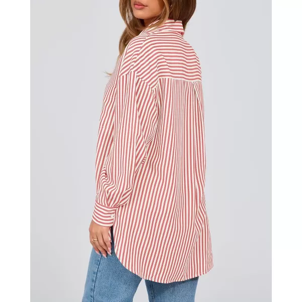 imageBTFBM Womens Button Down Shirts 2024 Fall Outfits Striped Collar Long Sleeve Casual Office Work Blouses Tops with PocketGrey Red