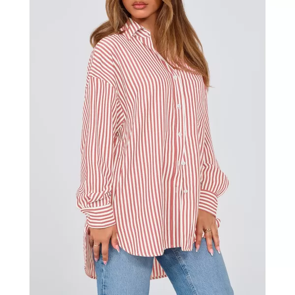 imageBTFBM Womens Button Down Shirts 2024 Fall Outfits Striped Collar Long Sleeve Casual Office Work Blouses Tops with PocketGrey Red