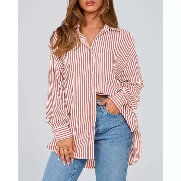 imageBTFBM Womens Button Down Shirts 2024 Fall Outfits Striped Collar Long Sleeve Casual Office Work Blouses Tops with PocketGrey Red