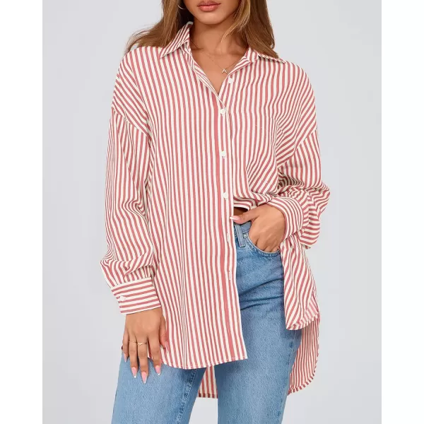 imageBTFBM Womens Button Down Shirts 2024 Fall Outfits Striped Collar Long Sleeve Casual Office Work Blouses Tops with PocketGrey Red
