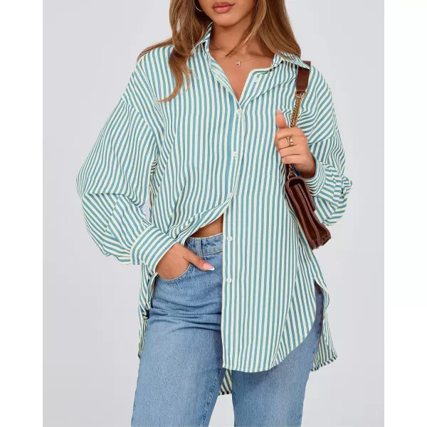 imageBTFBM Womens Button Down Shirts 2024 Fall Outfits Striped Collar Long Sleeve Casual Office Work Blouses Tops with PocketLake Blue