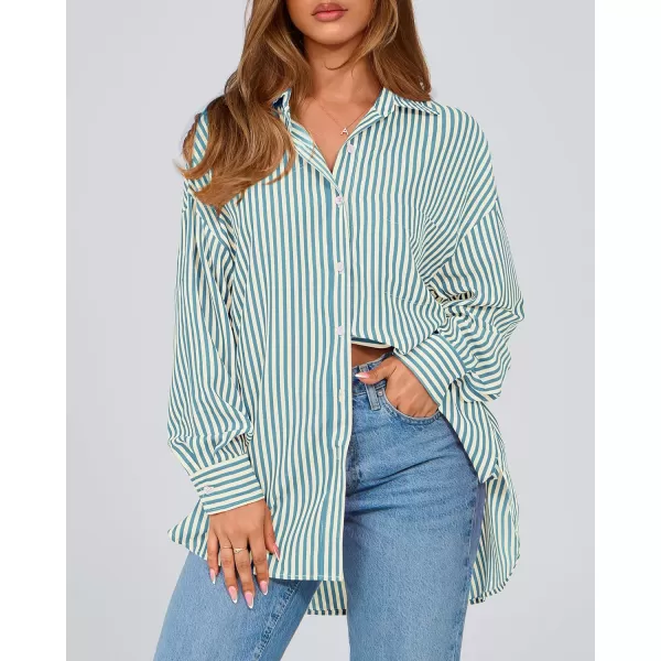 imageBTFBM Womens Button Down Shirts 2024 Fall Outfits Striped Collar Long Sleeve Casual Office Work Blouses Tops with PocketLake Blue
