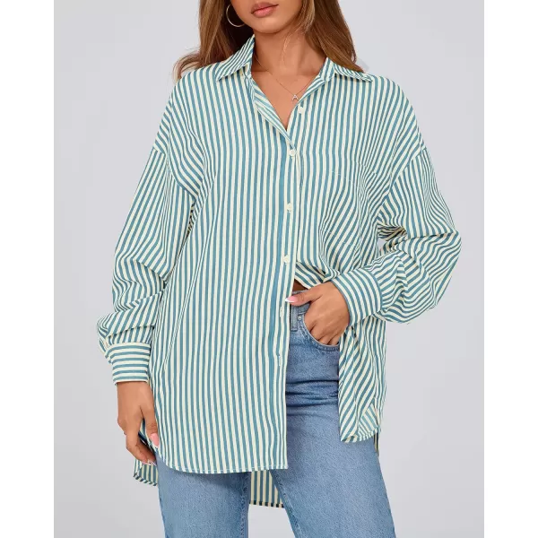 imageBTFBM Womens Button Down Shirts 2024 Fall Outfits Striped Collar Long Sleeve Casual Office Work Blouses Tops with PocketLake Blue