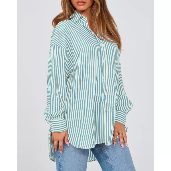 imageBTFBM Womens Button Down Shirts 2024 Fall Outfits Striped Collar Long Sleeve Casual Office Work Blouses Tops with PocketLake Blue