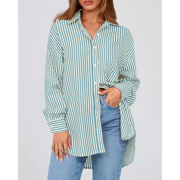 imageBTFBM Womens Button Down Shirts 2024 Fall Outfits Striped Collar Long Sleeve Casual Office Work Blouses Tops with PocketLake Blue