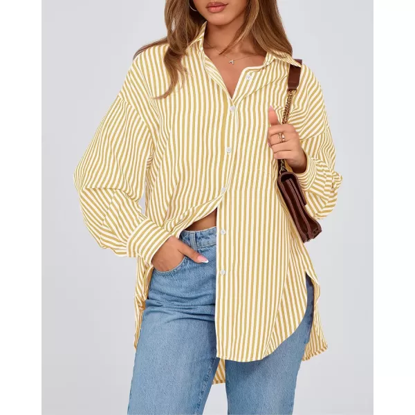 imageBTFBM Womens Button Down Shirts 2024 Fall Outfits Striped Collar Long Sleeve Casual Office Work Blouses Tops with PocketOrange