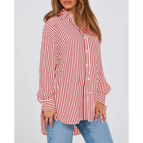 imageBTFBM Womens Button Down Shirts 2024 Fall Outfits Striped Collar Long Sleeve Casual Office Work Blouses Tops with PocketRed