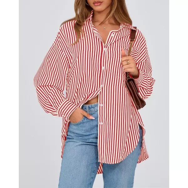 imageBTFBM Womens Button Down Shirts 2024 Fall Outfits Striped Collar Long Sleeve Casual Office Work Blouses Tops with PocketRed