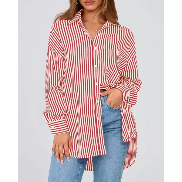 imageBTFBM Womens Button Down Shirts 2024 Fall Outfits Striped Collar Long Sleeve Casual Office Work Blouses Tops with PocketRed