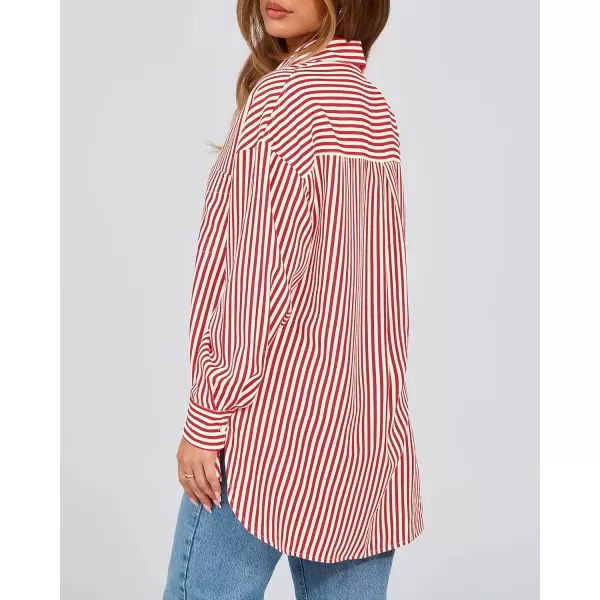 imageBTFBM Womens Button Down Shirts 2024 Fall Outfits Striped Collar Long Sleeve Casual Office Work Blouses Tops with PocketRed