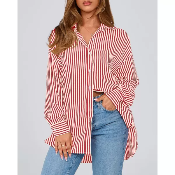 imageBTFBM Womens Button Down Shirts 2024 Fall Outfits Striped Collar Long Sleeve Casual Office Work Blouses Tops with PocketRed