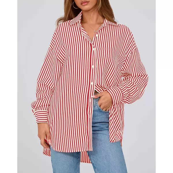 imageBTFBM Womens Button Down Shirts 2024 Fall Outfits Striped Collar Long Sleeve Casual Office Work Blouses Tops with PocketRed