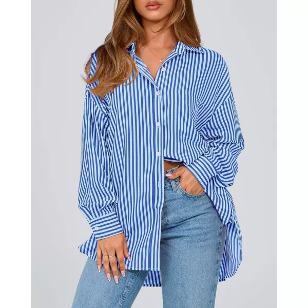 imageBTFBM Womens Button Down Shirts 2024 Fall Outfits Striped Collar Long Sleeve Casual Office Work Blouses Tops with PocketSky Blue