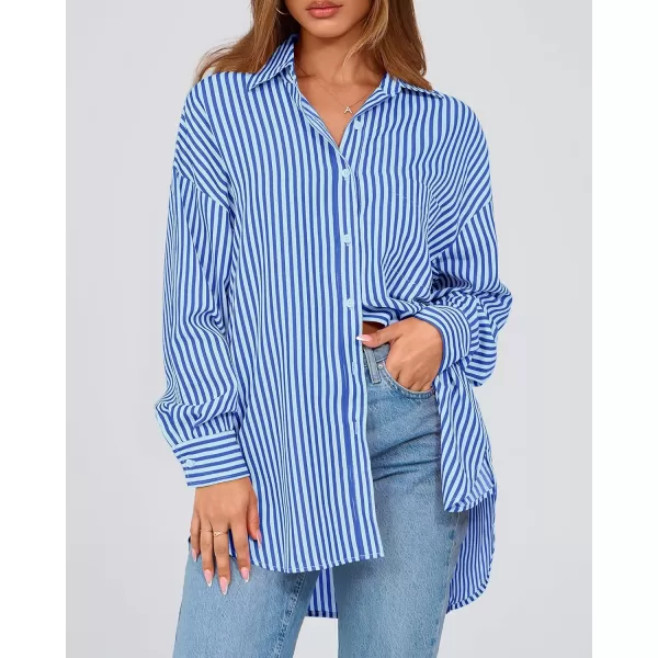 imageBTFBM Womens Button Down Shirts 2024 Fall Outfits Striped Collar Long Sleeve Casual Office Work Blouses Tops with PocketSky Blue