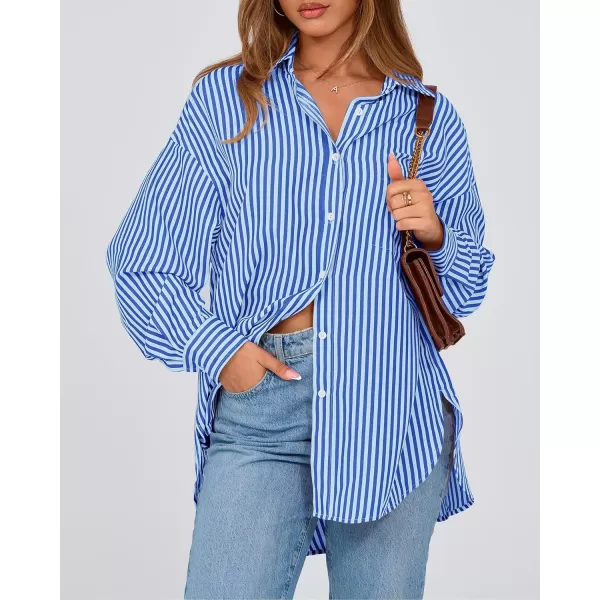 imageBTFBM Womens Button Down Shirts 2024 Fall Outfits Striped Collar Long Sleeve Casual Office Work Blouses Tops with PocketSky Blue