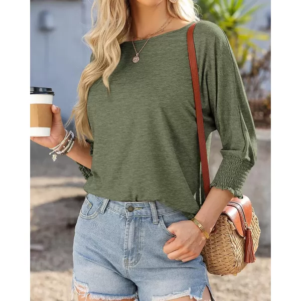 imageBTFBM Womens Casual 34 Sleeve Tops Dressy 2024 Summer Fall T Shirts Crewneck Loose Tunic BlousesSolid Army Green
