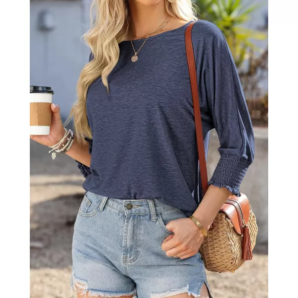 imageBTFBM Womens Casual 34 Sleeve Tops Dressy 2024 Summer Fall T Shirts Crewneck Loose Tunic BlousesSolid Blue Grey