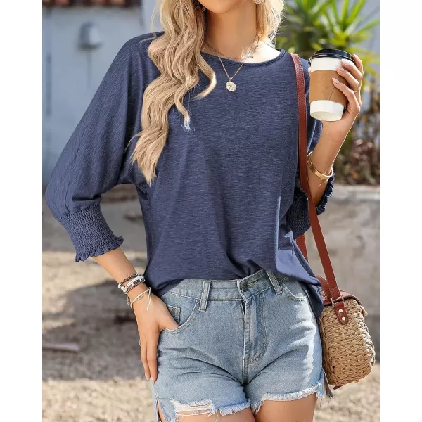 imageBTFBM Womens Casual 34 Sleeve Tops Dressy 2024 Summer Fall T Shirts Crewneck Loose Tunic BlousesSolid Blue Grey