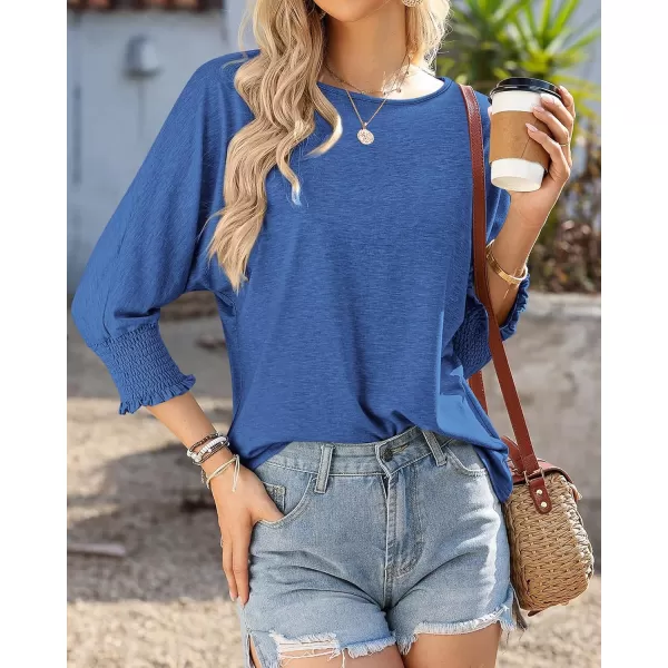 imageBTFBM Womens Casual 34 Sleeve Tops Dressy 2024 Summer Fall T Shirts Crewneck Loose Tunic BlousesSolid Brilliant Blue
