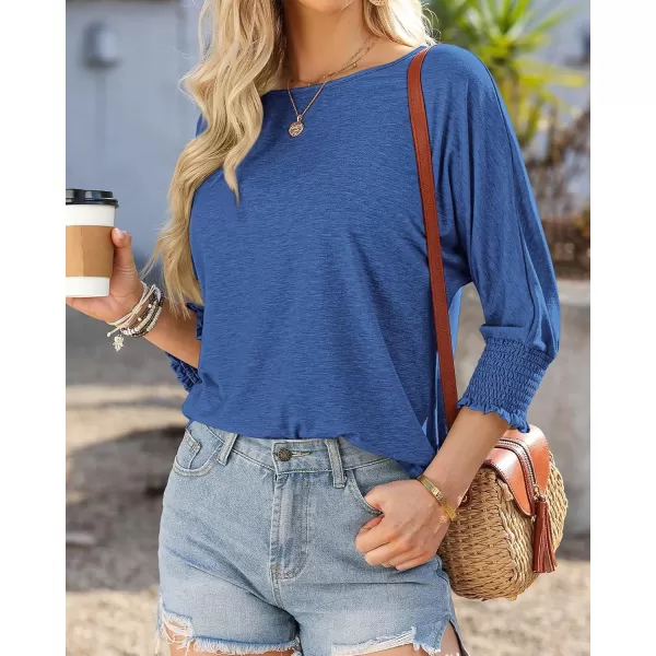 imageBTFBM Womens Casual 34 Sleeve Tops Dressy 2024 Summer Fall T Shirts Crewneck Loose Tunic BlousesSolid Brilliant Blue