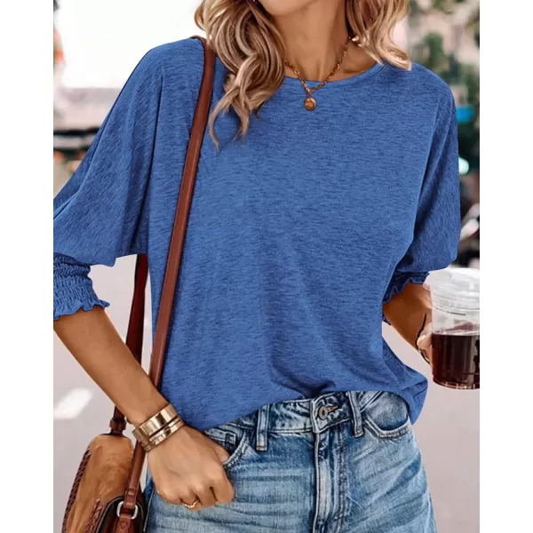 imageBTFBM Womens Casual 34 Sleeve Tops Dressy 2024 Summer Fall T Shirts Crewneck Loose Tunic BlousesSolid Brilliant Blue