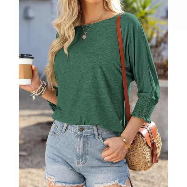 imageBTFBM Womens Casual 34 Sleeve Tops Dressy 2024 Summer Fall T Shirts Crewneck Loose Tunic BlousesSolid Dark Green